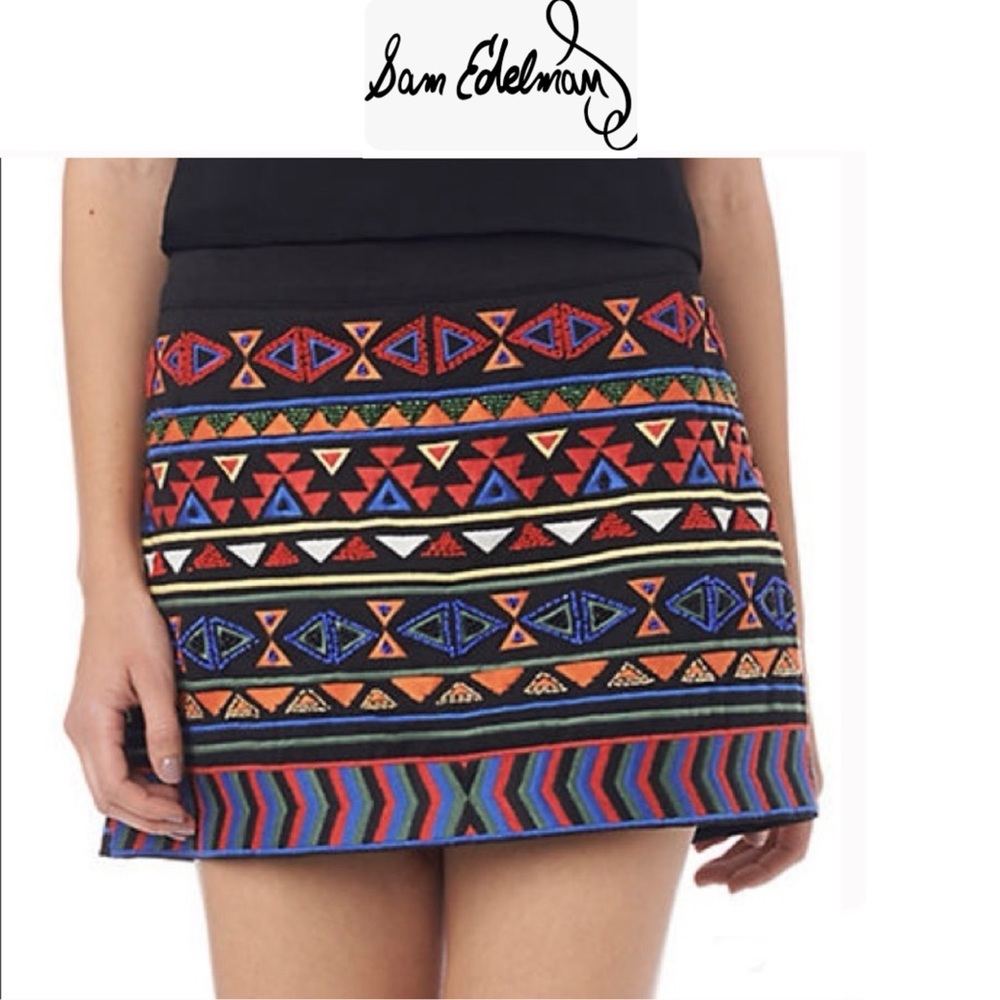 NWT Sam Edelman Black Geometric Tribal Beaded Mini Skirt Size 10